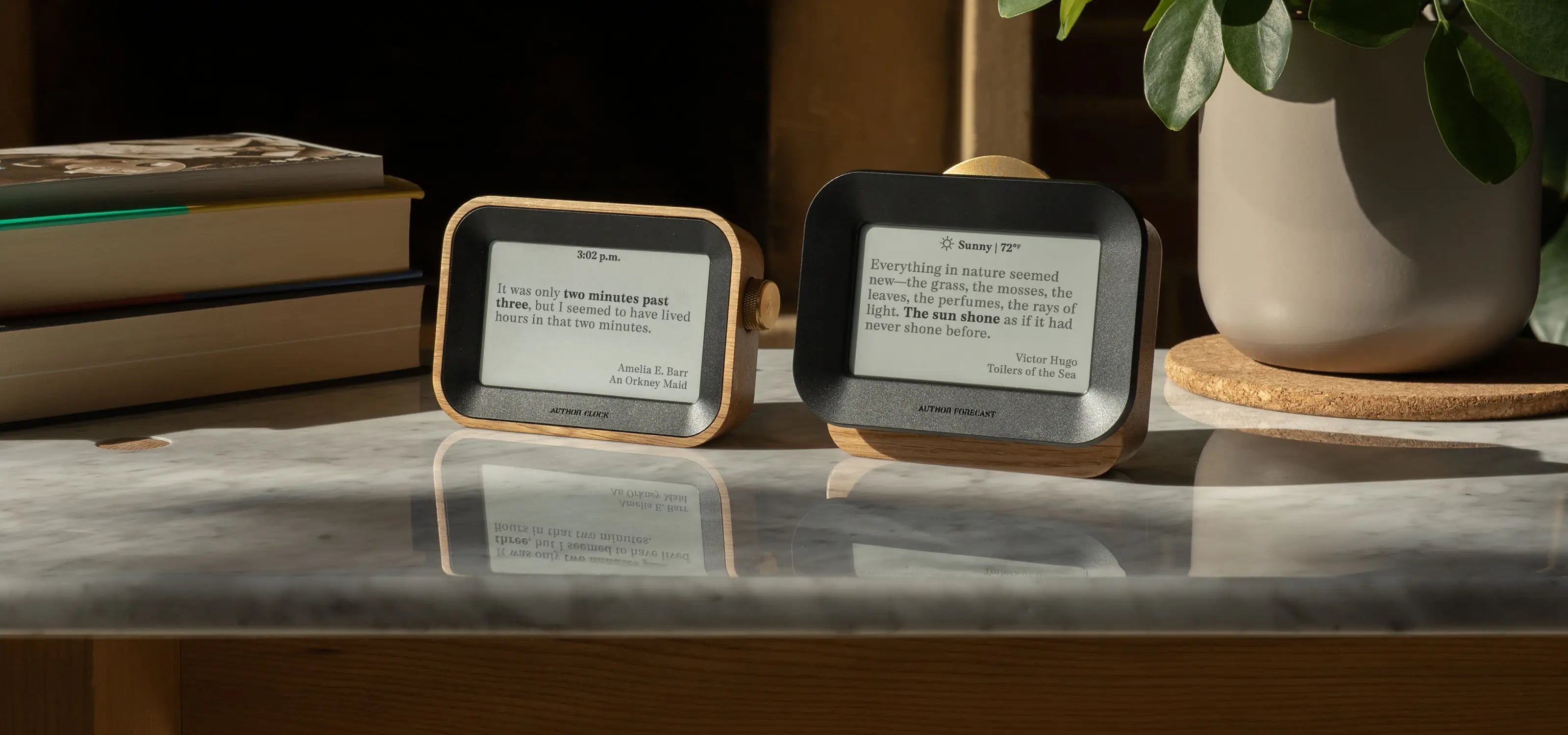 Author Clock and Author Forecast displaying quotes from literature on a marble surface with a plant and books in the background.
