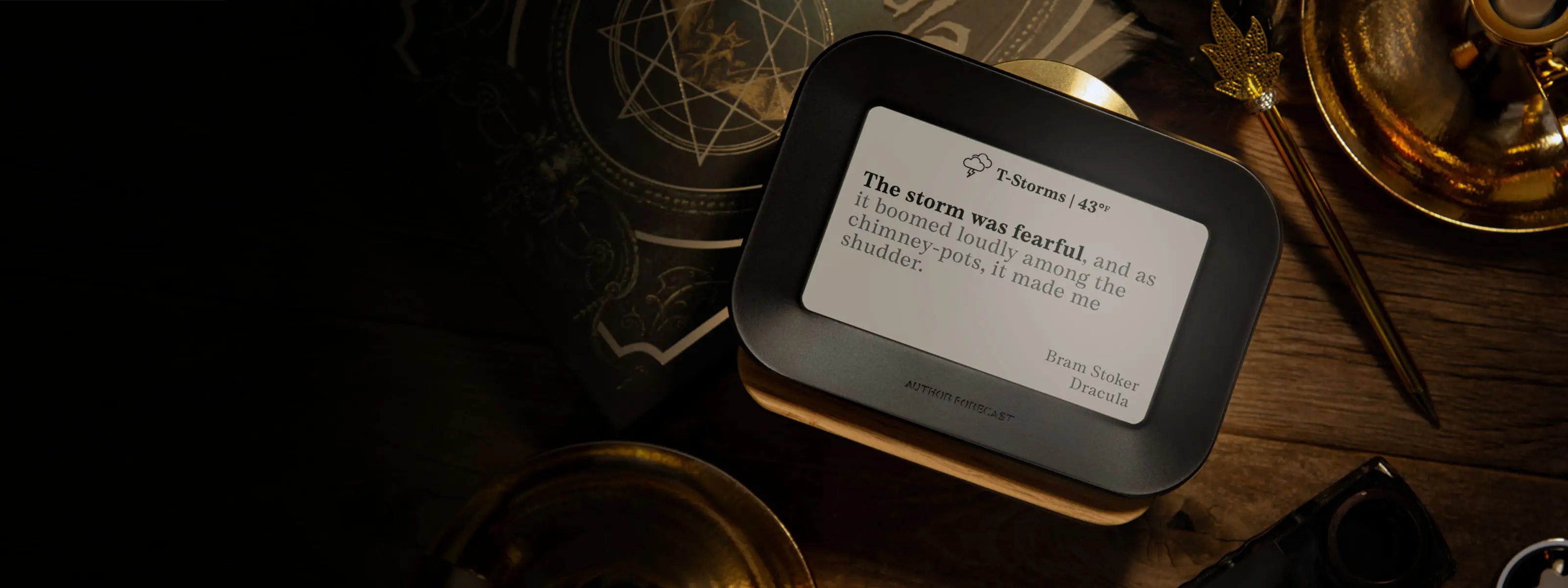 Author Forecast displaying a storm-themed quote from Bram Stoker’s Dracula on its e-paper screen.