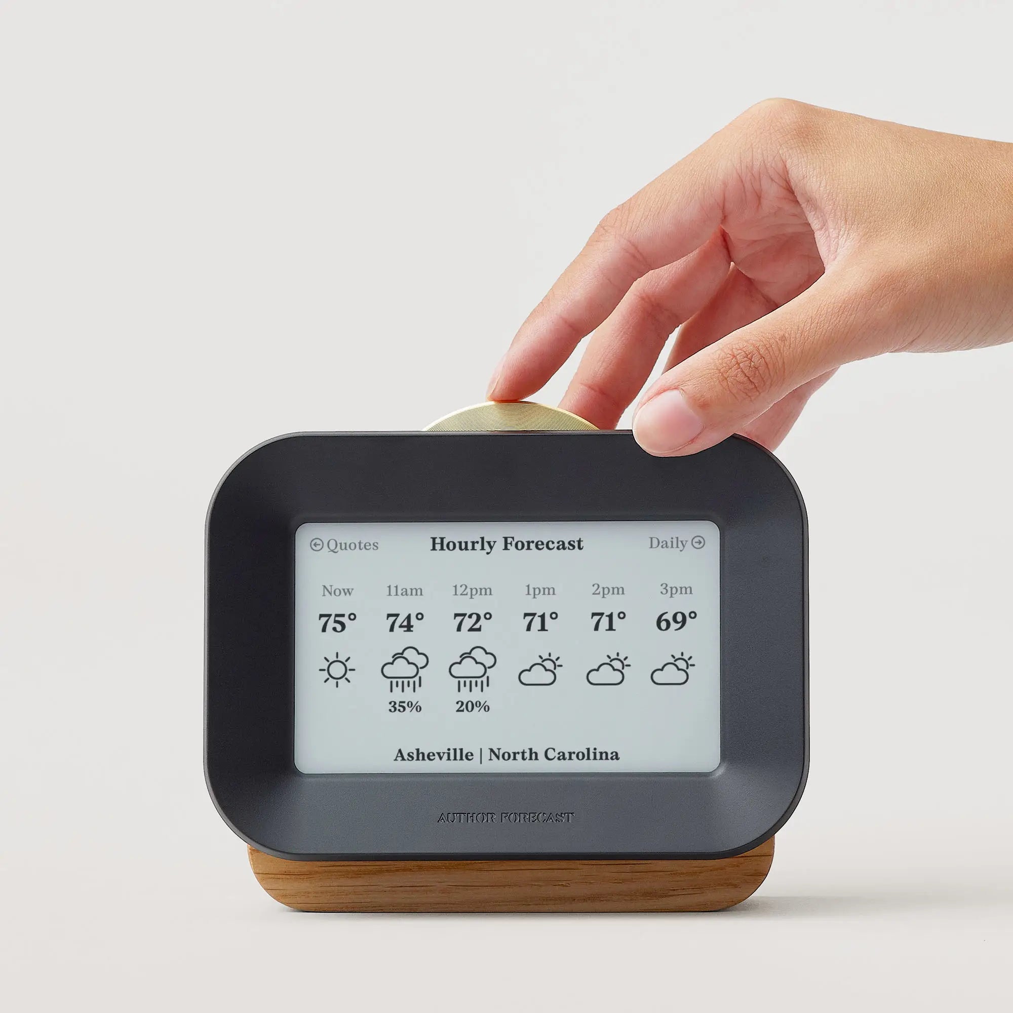 Author Forecast displaying the hourly weather forecast on its e-paper screen.