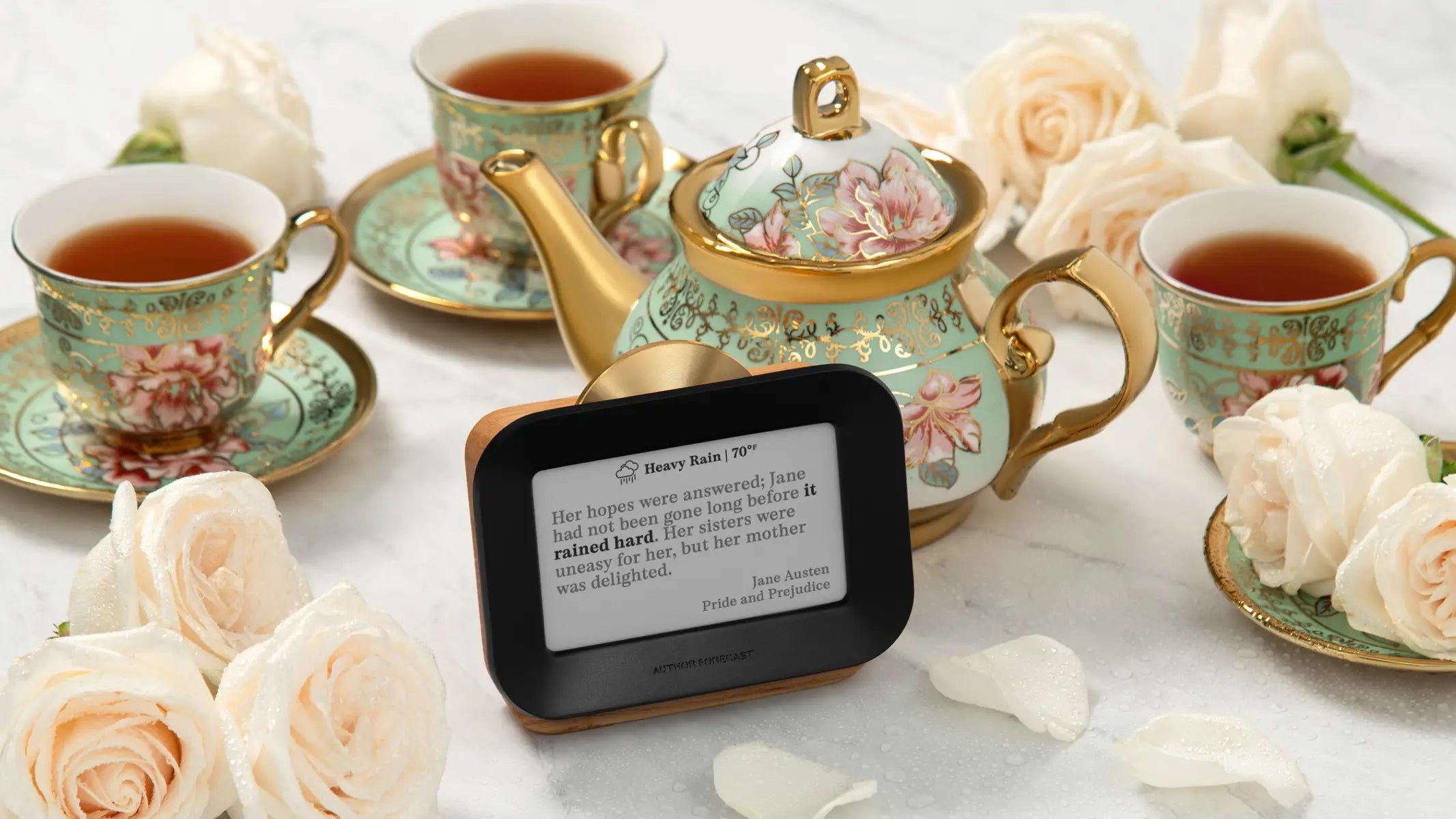 Author Forecast displaying a Jane Austen Pride and Prejudice quote about rain, surrounded by tea cups and white roses.