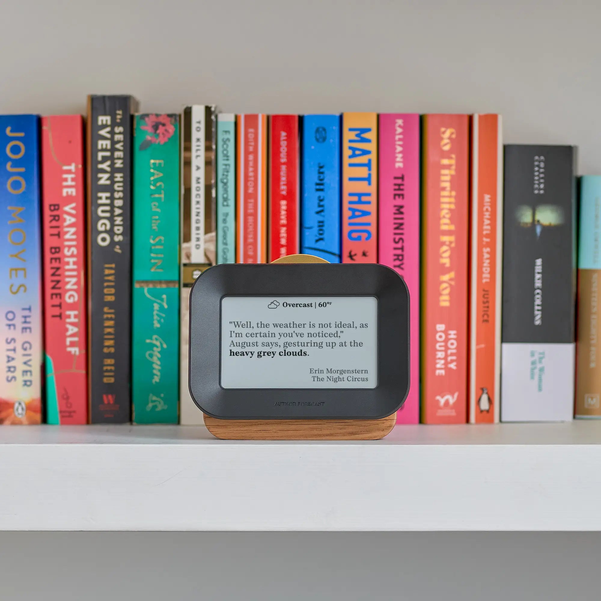 Author Forecast Vol 1 on a bookshelf displaying a quote by Erin Morgenstern from The Night Circus about grey clouds and overcast weather.
