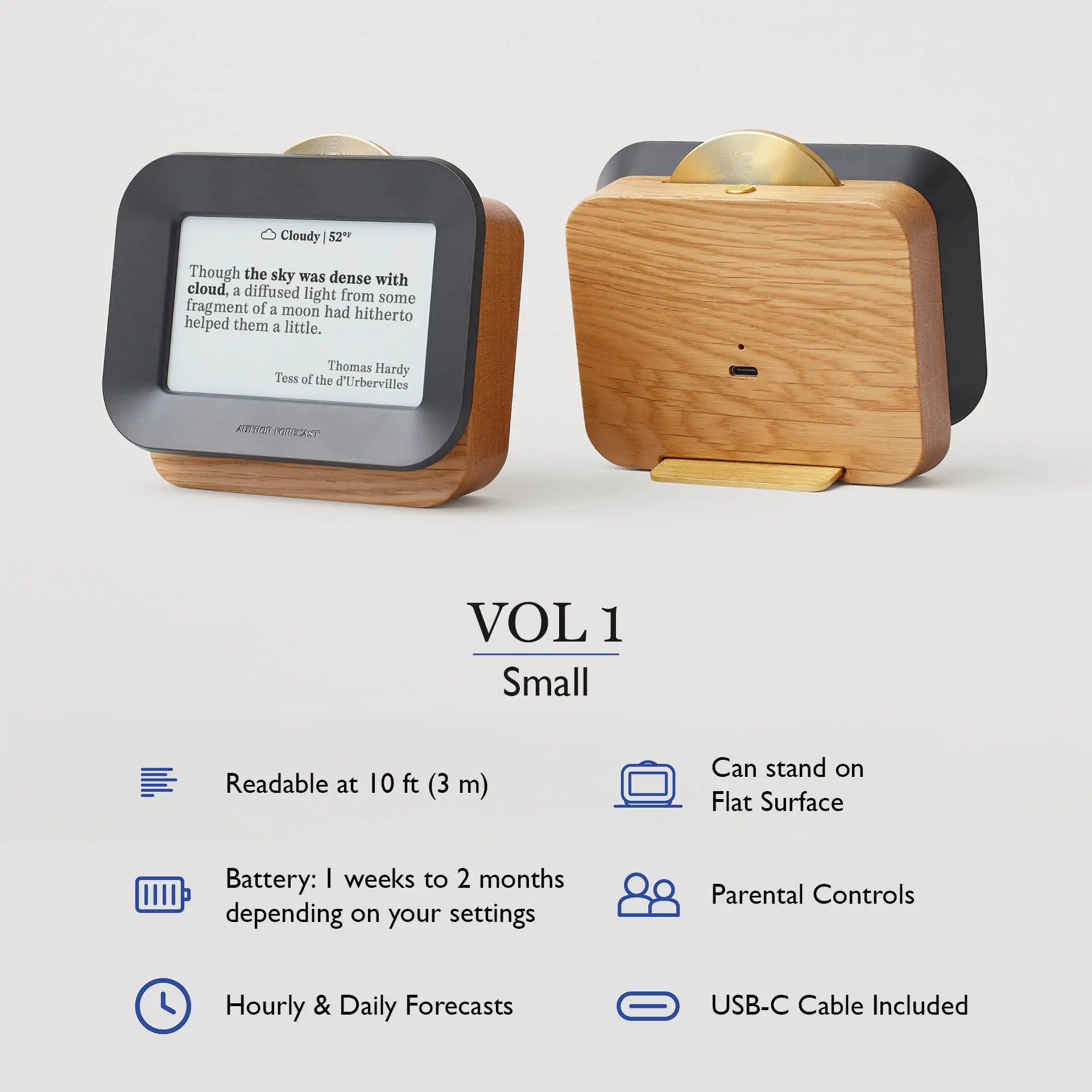 Author Forecast Vol 1 Small model shown front and back, displaying a quote by Thomas Hardy with product feature icons highlighting battery life, readability, and USB-C charging.