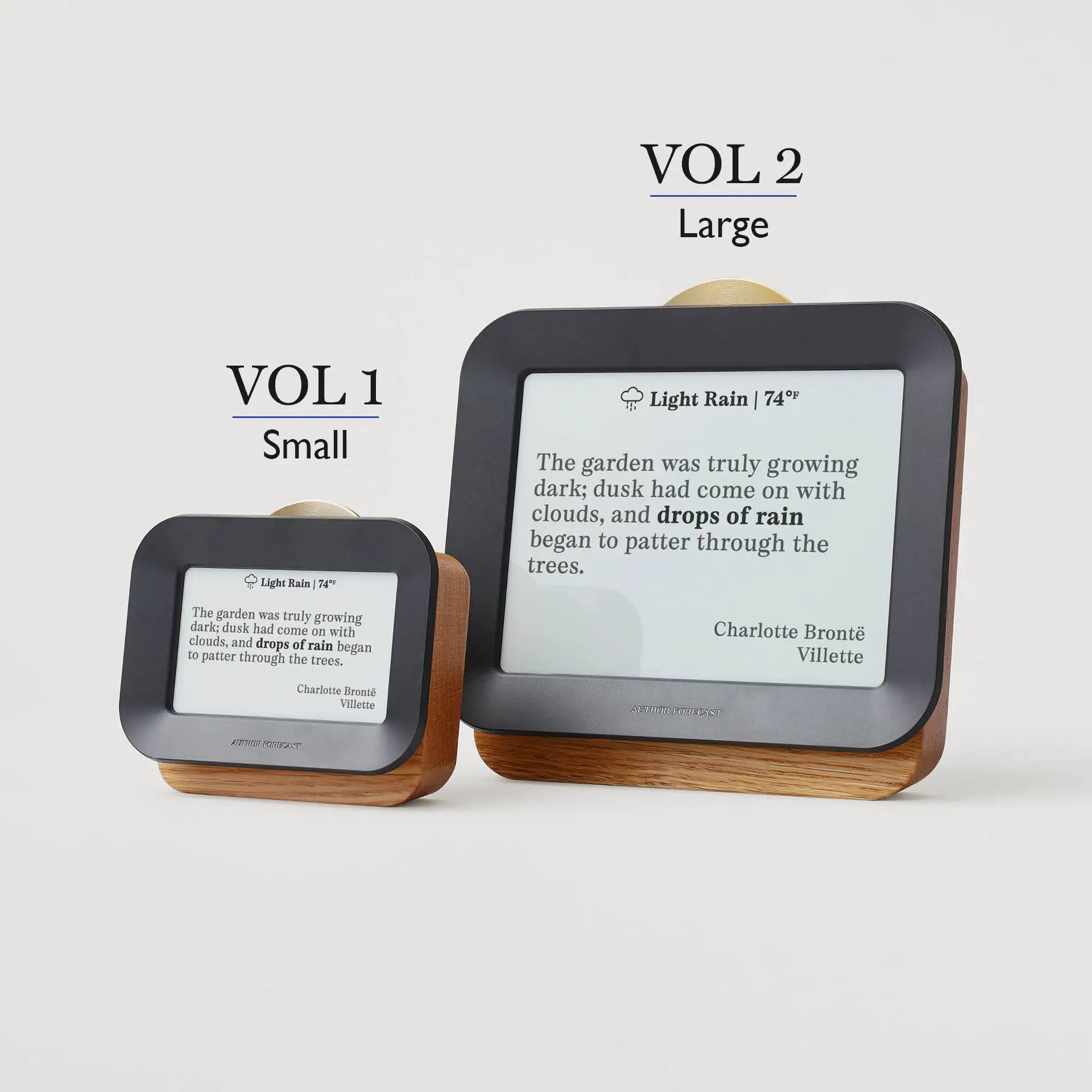Author Forecast Vol 1 Small and Vol 2 Large side by side displaying a quote by Charlotte Brontë from Villette about rain, showing the difference in screen size and design.