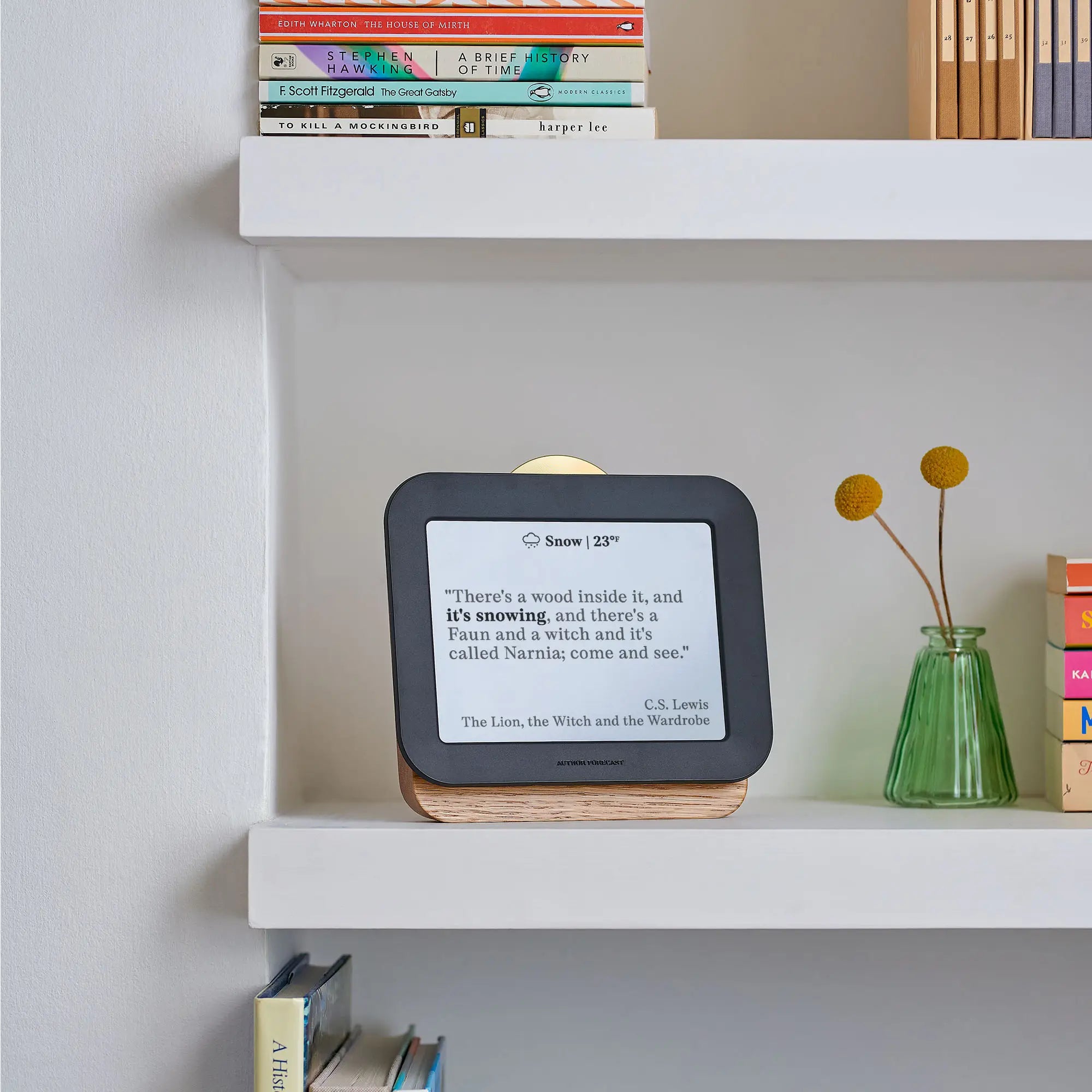 Author Forecast Vol 2 on a bookshelf displaying a quote by C.S. Lewis from The Lion, the Witch and the Wardrobe about snow, surrounded by books and a green vase.