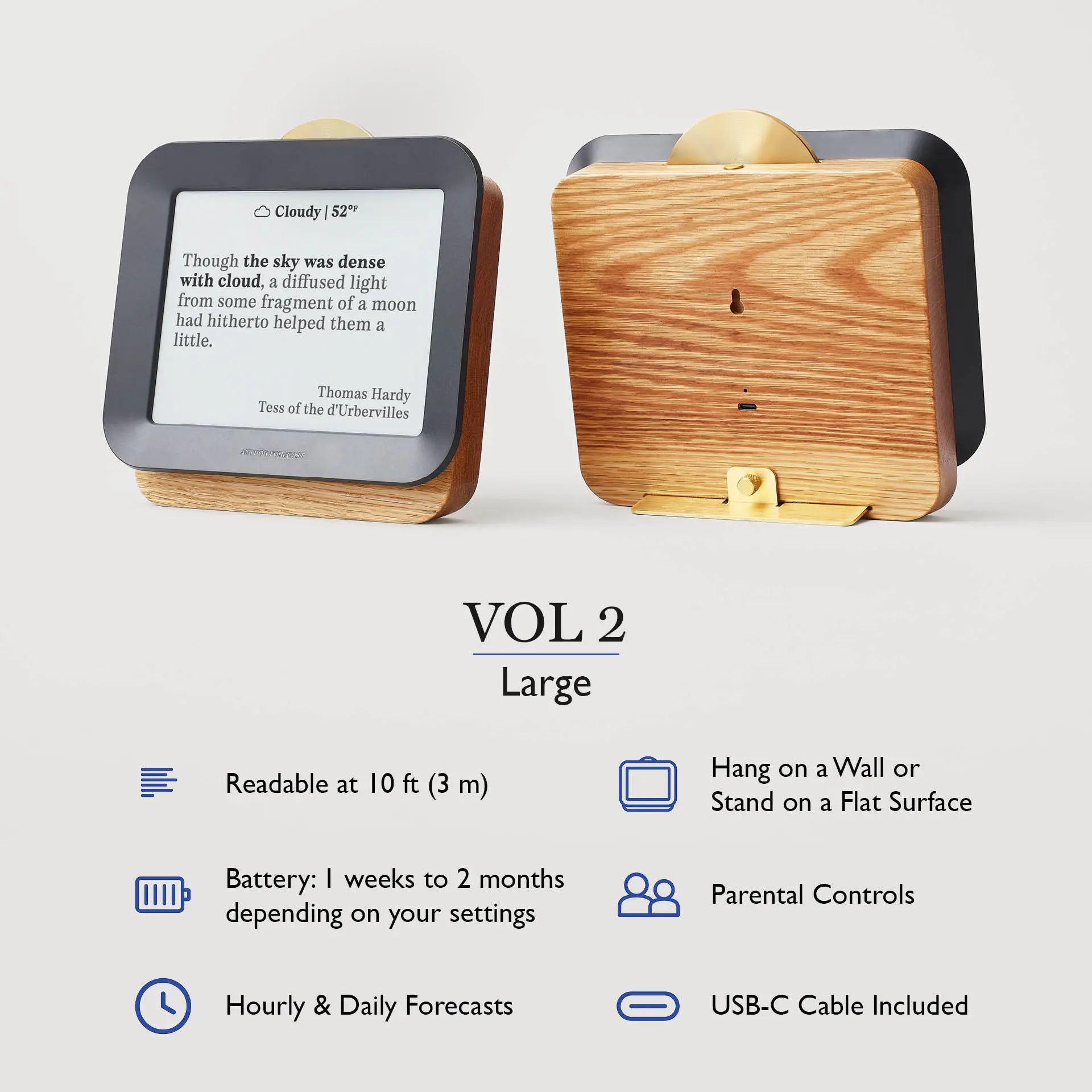 Author Forecast Vol 2 Large model shown front and back, displaying a quote by Thomas Hardy with product feature icons highlighting battery life, mounting options, and USB-C charging.