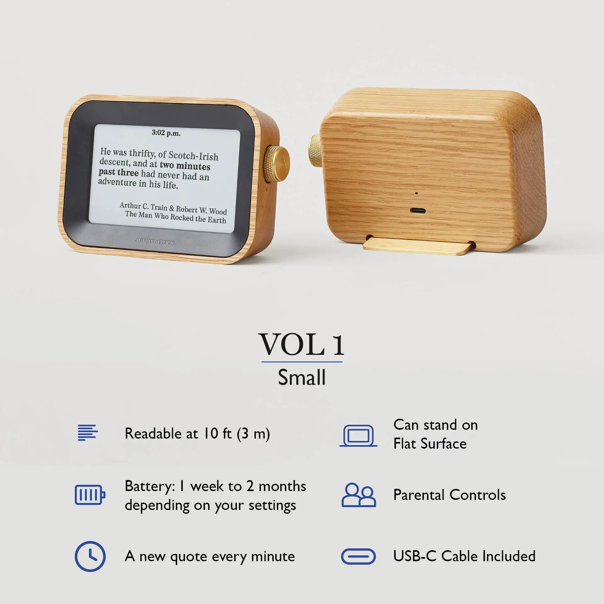 Author Clock Vol 1 Small shown from front and back with oak body and brass details, featuring specs like USB-C charging, parental controls, and one-minute literary quote updates