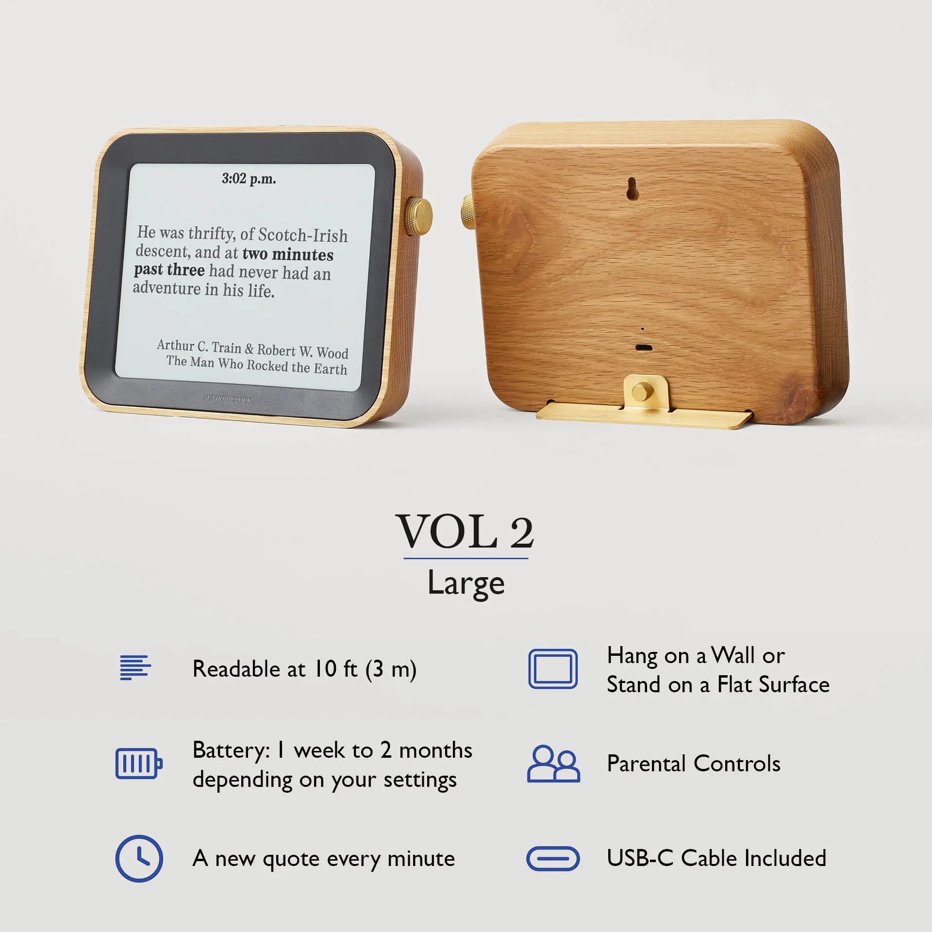 Author Clock Vol 2 Large shown from front and back with oak body and brass details, featuring specs like USB-C charging, parental controls, and one-minute literary quote updates